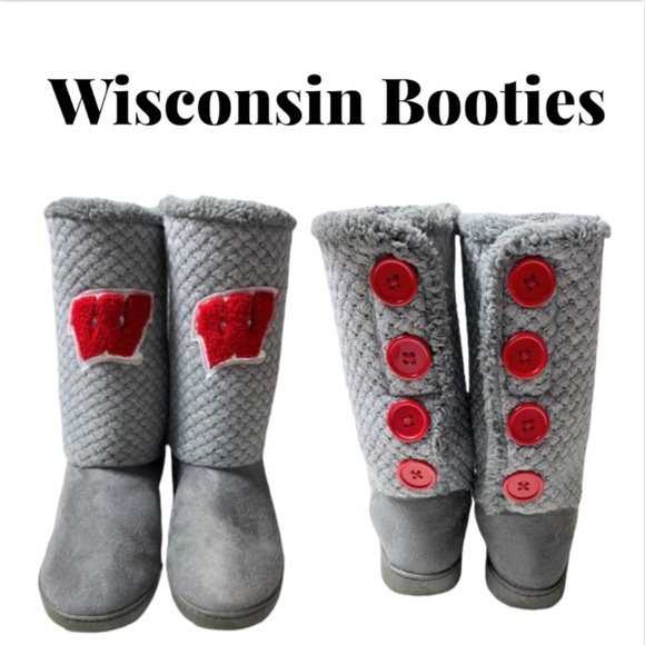 Wisconsin Badgers Gray & Red Fur Lined Knit Booties Women’s Size Medium (7/8) - Picture 1 of 11